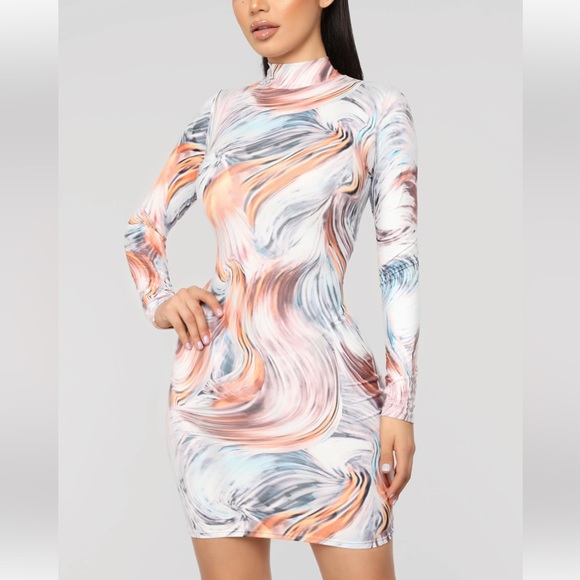 Fashion Nova Swirl Print Mini Dress - Orange, Blue, White - Picture 3 of 9